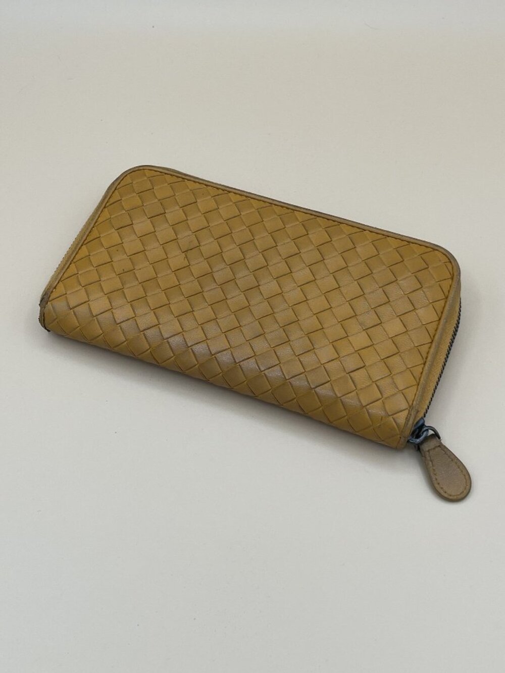 Woven Leather Zip-Around Wallet In Mustard Yellow With Multiple Card Slots & Cer